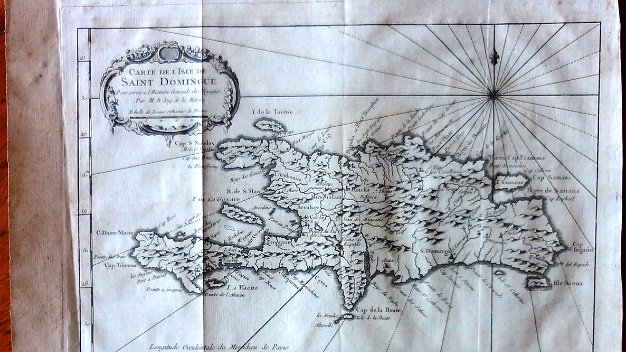 Saint Domingue Engraved map of the Island of Hispaniola in the Caribbean Sea. Leaf measures 10.5 by 13 inches. En español Mapa Grabado...